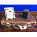 Solid silver Art Nouveau photo frame, camera and leather suitcase. Photo frame W 16 H 19