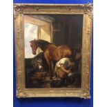 Victorian oil on canvas, cobbler at work in distressed gilt frame W 82 H 102