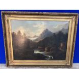 Fine Victorian oil on canvas, waterfall with mountains and foreground, in gilt frame bearing