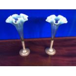 Pair of Edwardian vaseline glass vases standing in silver plated bases W 12 H 28
