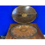 Two Georgian oval inlaid serving trays with profuse inlay (as found)