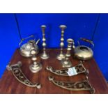 Collection of antique brass ware including a set of brass brackets decorated with shamrocks.