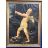 Oil on canvas of a putti and a coloured print. W 95 H 126