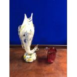 Murano speckled glass fish and antique cranberry glass jug. Fish W 18 H 40