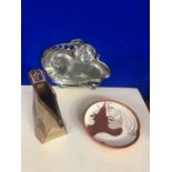 WMF style Art Nouveau silver plated dish, 2 glazed ceramic objects. WMF: W 31 H 25