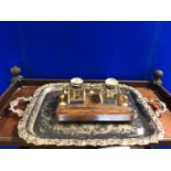 Heavy silver plated carrying tray, and an Edwardian oak and glass ink well W 70 H 43
