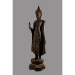 Magnificent bronzed standing Buddha with dark green patination and gold leaf embellishment W 45 H