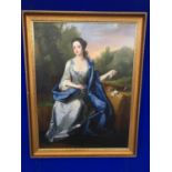 Large print on canvas, lady in a blue dress with trees in foreground W 90 H 115