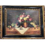 Edwardian oil on canvas, still life in black and gold frame W 116 H 93