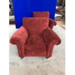 Pair of upholstered armchairs in the Victorian style, standing on mahogany feet W 110 H 100 D 100