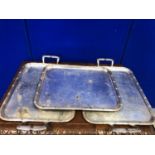 Set of 4 heavy antique silver plated trays, 2 with handles, 2 without. W 60 L 39