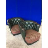 Pair of cool, low tub chairs in leather with deep button upholstery and fabric seats W 80 H 65 D 75