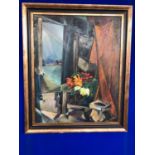 Oil on canvas , flowers in window with a view to the sea. Signed M.A Palfy 2006 W 78 H 94