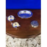 Collection of silver plate, jug, bowl, coasters and sweet dish.