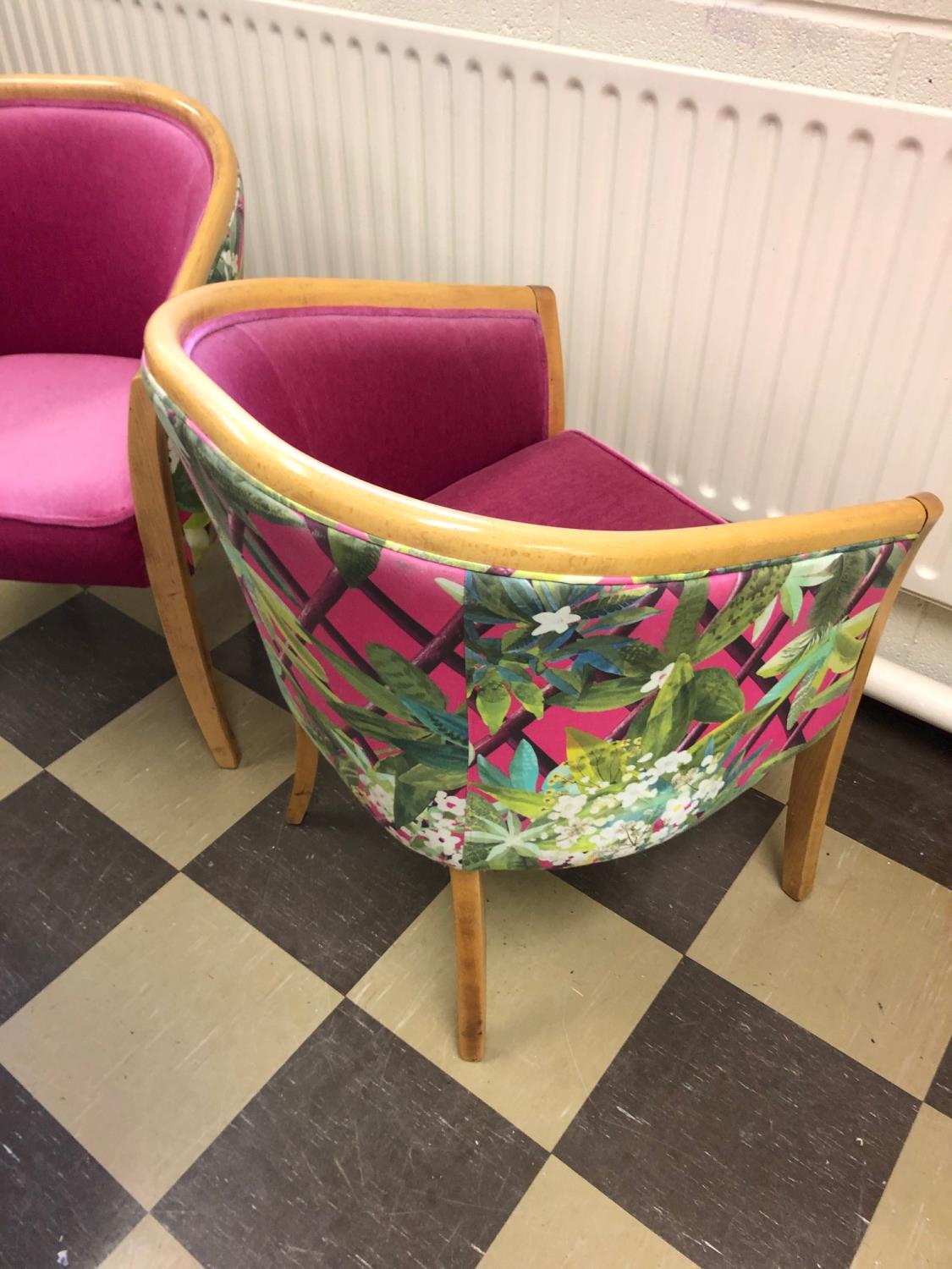 Set of 4 tub chairs with pink fabric, with patterned fabric on reverse. - Image 2 of 2