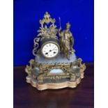 19th Century mantle clock, marble and gilded brass standing on a carved wood and gilt plinth base