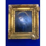 Interesting oil on canvas of Our Lady in gilt frame, bearing information on back W 36 H 39