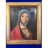 19th Century oil on board of a fortune teller, on reverse a painting of a young girl W 51 H 62