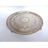 Victorian circular silver plated tray, engraved in a Classical manner on four feet. Maker: Thomas