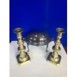 Edwardian silver plated food warmer and a pair of Victorian candle sticks C/S W 11 H 28