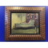 Richard Combes: British oil on canvas, interior scene of a chaise longue signed. Bearing information