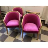 Set of 4 tub chairs with pink fabric, with patterned fabric on reverse.