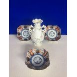 Meissen bulbous shaped vase decorated with flowers and 3 antique Imari finger bowls. Meissen: W 14 H