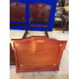 Pair of inlaid mahogany single beds, side rails complete with drop in base board W 94 D 210