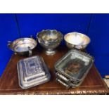 Three silver plated bowls and silver plated entrée dishes (as found)