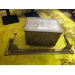 Art Nouveau brass fender and brass embossed coal box (as found) W 130 H 28 D 37