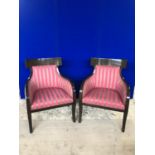 Pair of tall backed chairs with shaped sides and striped upholstery W 67 H 90 D 66
