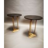 Pair of brass and ebonised lamp tables.