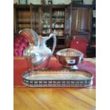 Silver plate rose bowl and tray and jug