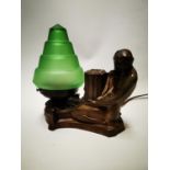 Gilded metal lamp with green shade.