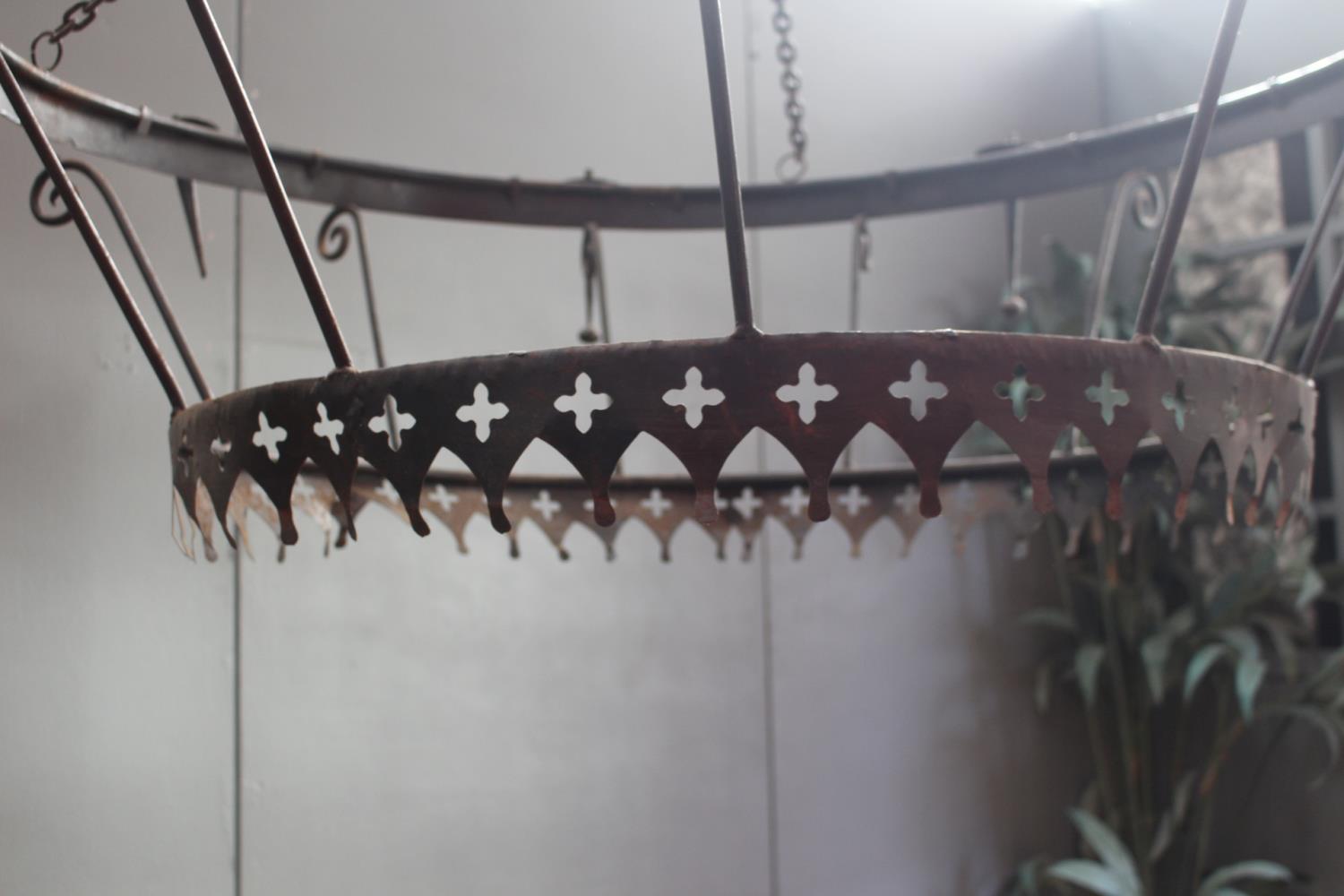 Good quality wrought iron hanging chandelier in the Medieval style {90 cm H x 137 cm Dia.}. - Image 2 of 3