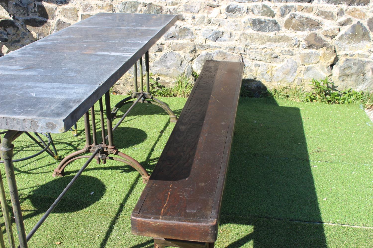 Cast iron table with marble top, bench and stools - Image 2 of 3