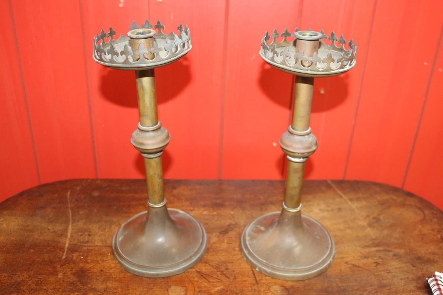 Pair of 19th C. brass ecclesiastical candle sticks. {