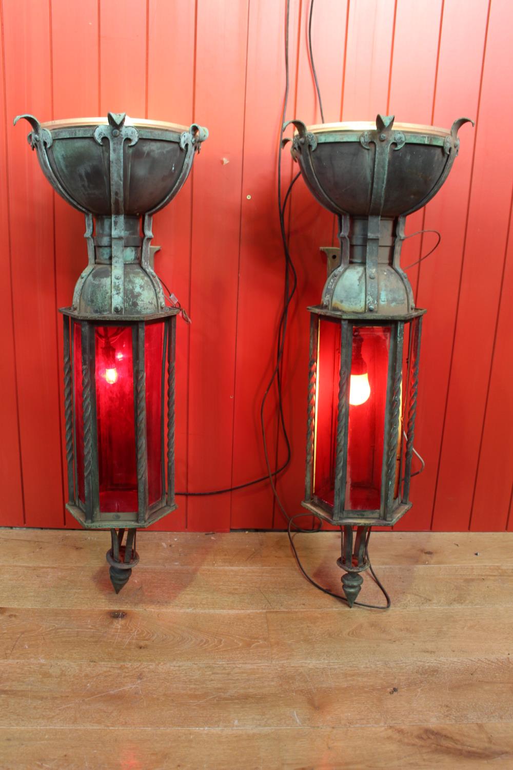 Pair of unusual green bronze wall lights