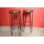 Pair of leather upholstered metal Hairpin stools