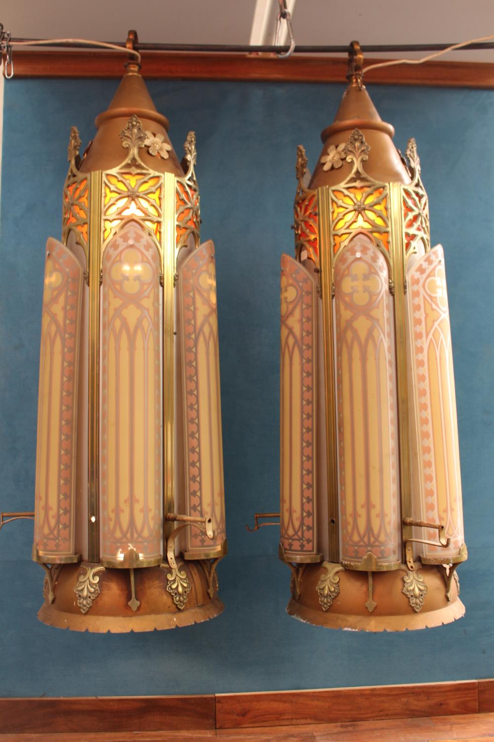 Pair of brass and glass hanging lanterns