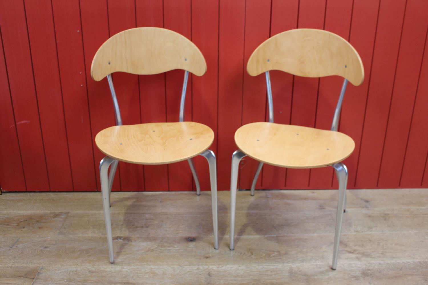 Pair of light oak and white metal side chairs