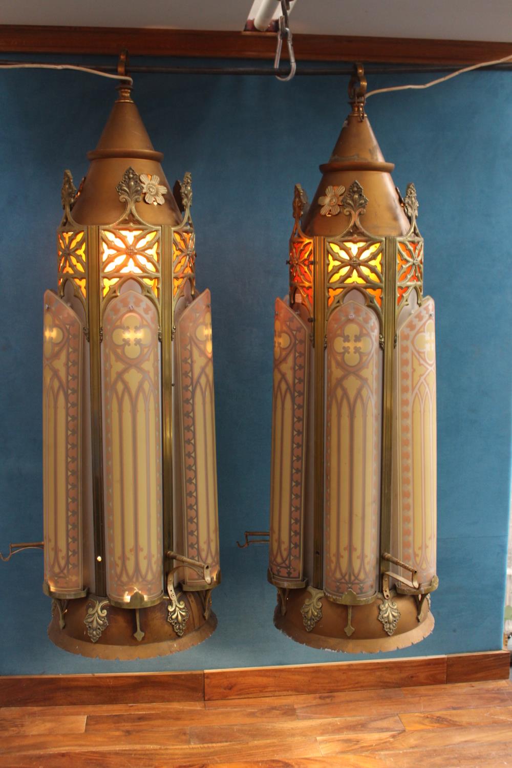 Pair of brass and glass hanging lanterns