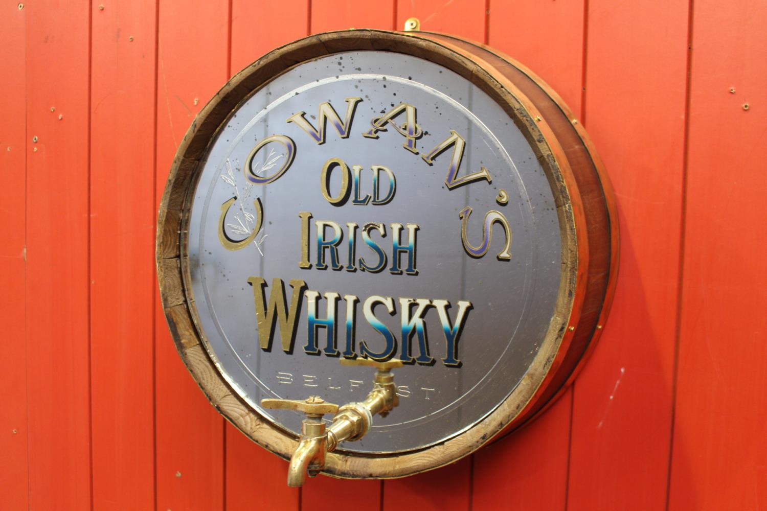 Cowans Old Irish Whiskey barrel end mirror