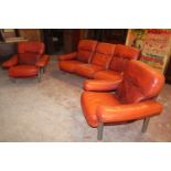 Retro leather upholstered chrome three piece suite