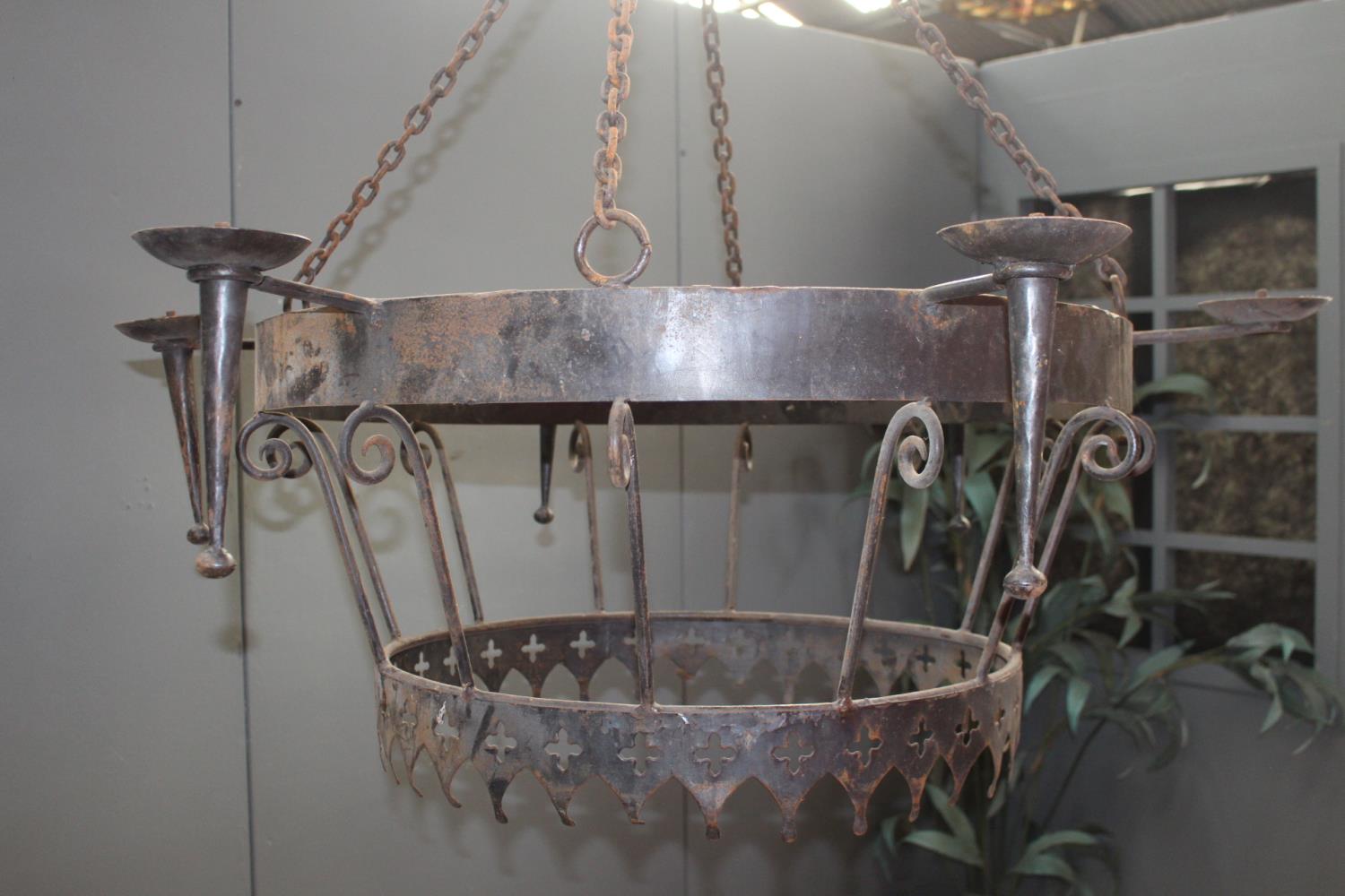 Good quality wrought iron hanging chandelier in the Medieval style {90 cm H x 118 cm Dia.}.