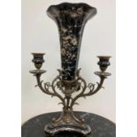 Gilded Bronze & Black Floral Porcelain Vase & Candelabra.