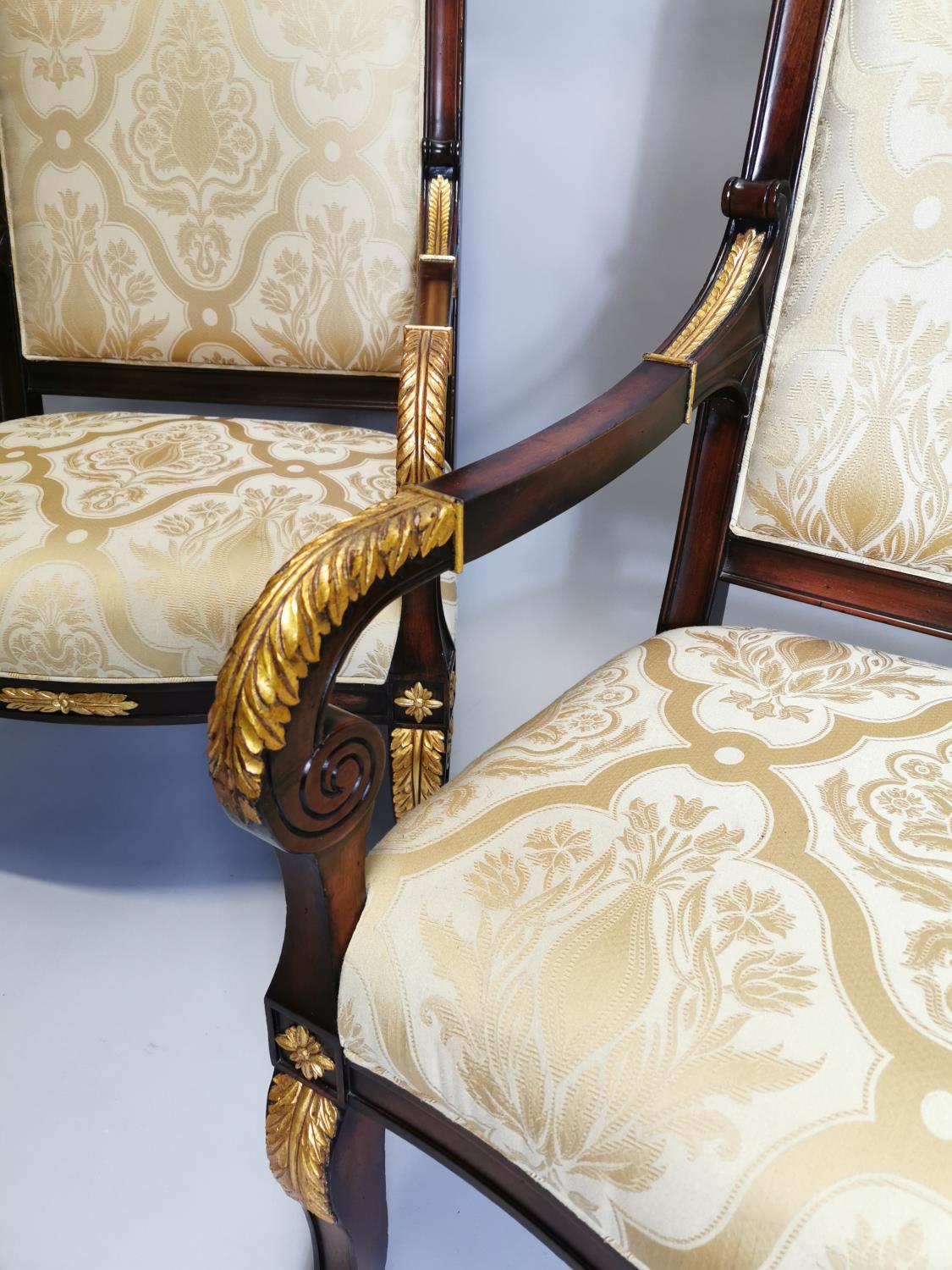 Pair of upholstered gilded mahogany open armchairs - Image 2 of 8