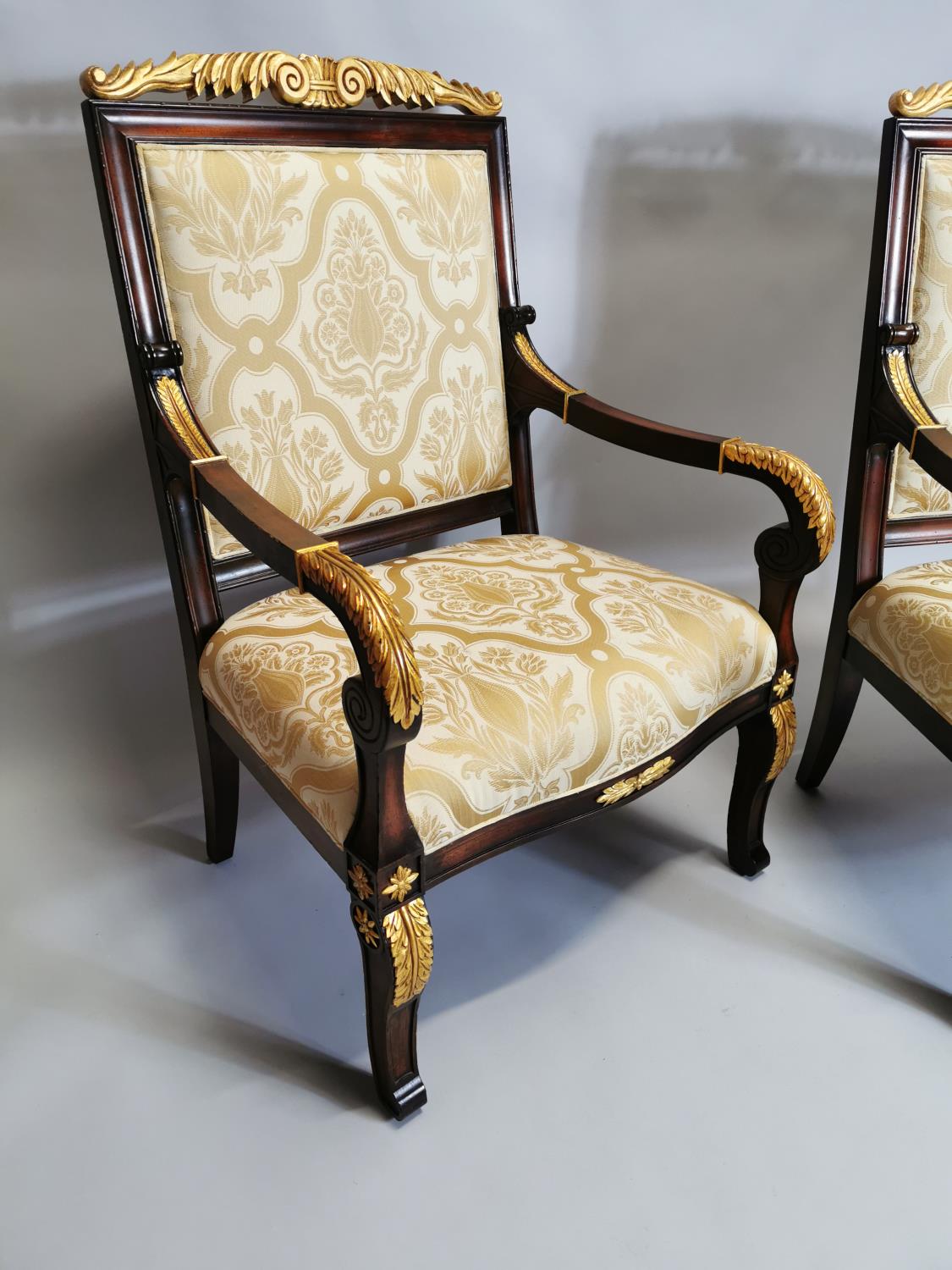 Pair of upholstered gilded mahogany open armchairs - Image 7 of 8