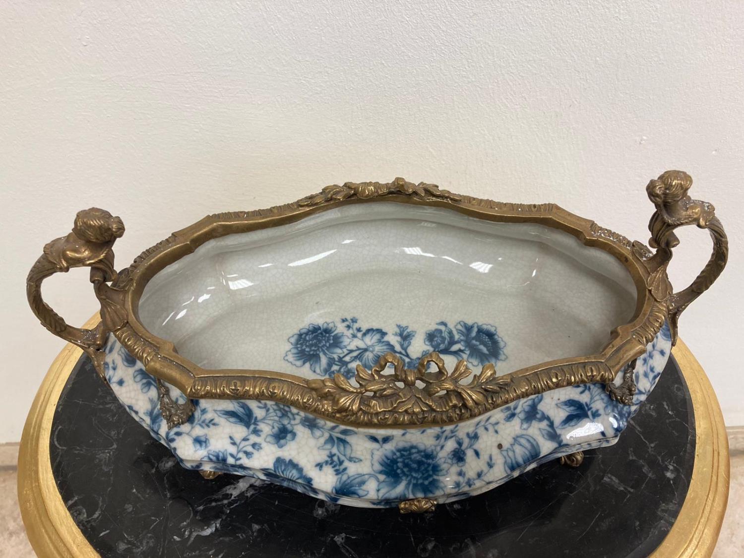 Gilt Bronze and Blue and White Dish with Brass handles. {22 cm H x 47 cm Wx 22 cm D}. - Image 3 of 3