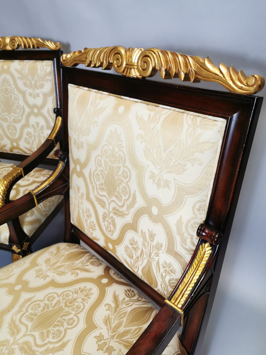 Pair of upholstered gilded mahogany open armchairs - Image 4 of 8